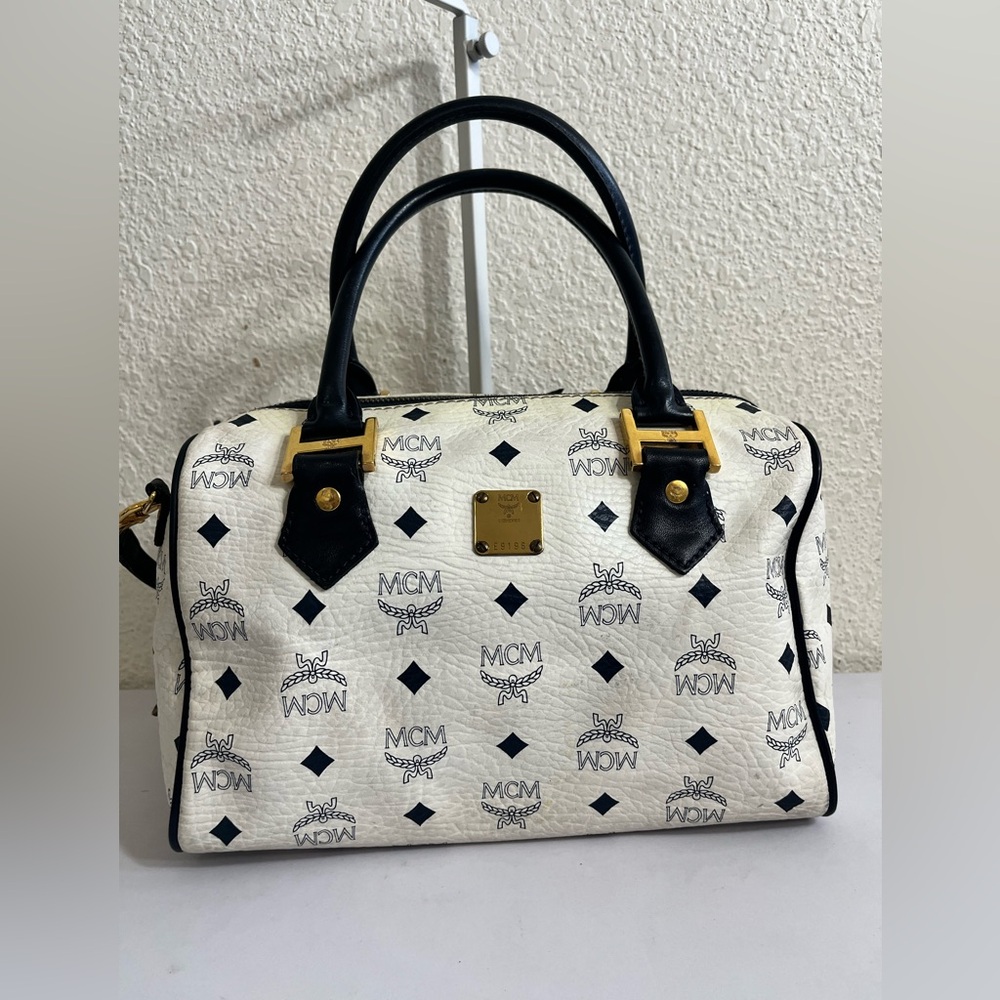 #SOLD# 
MCM White Logo Satchel with Black Trim and Gold Hardware